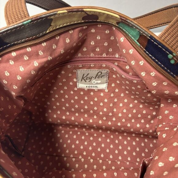 Fossil Key Per Coated Canvas Purse Tote Hand Bag Retro 70s Floral Brown Leather - Picture 9 of 12